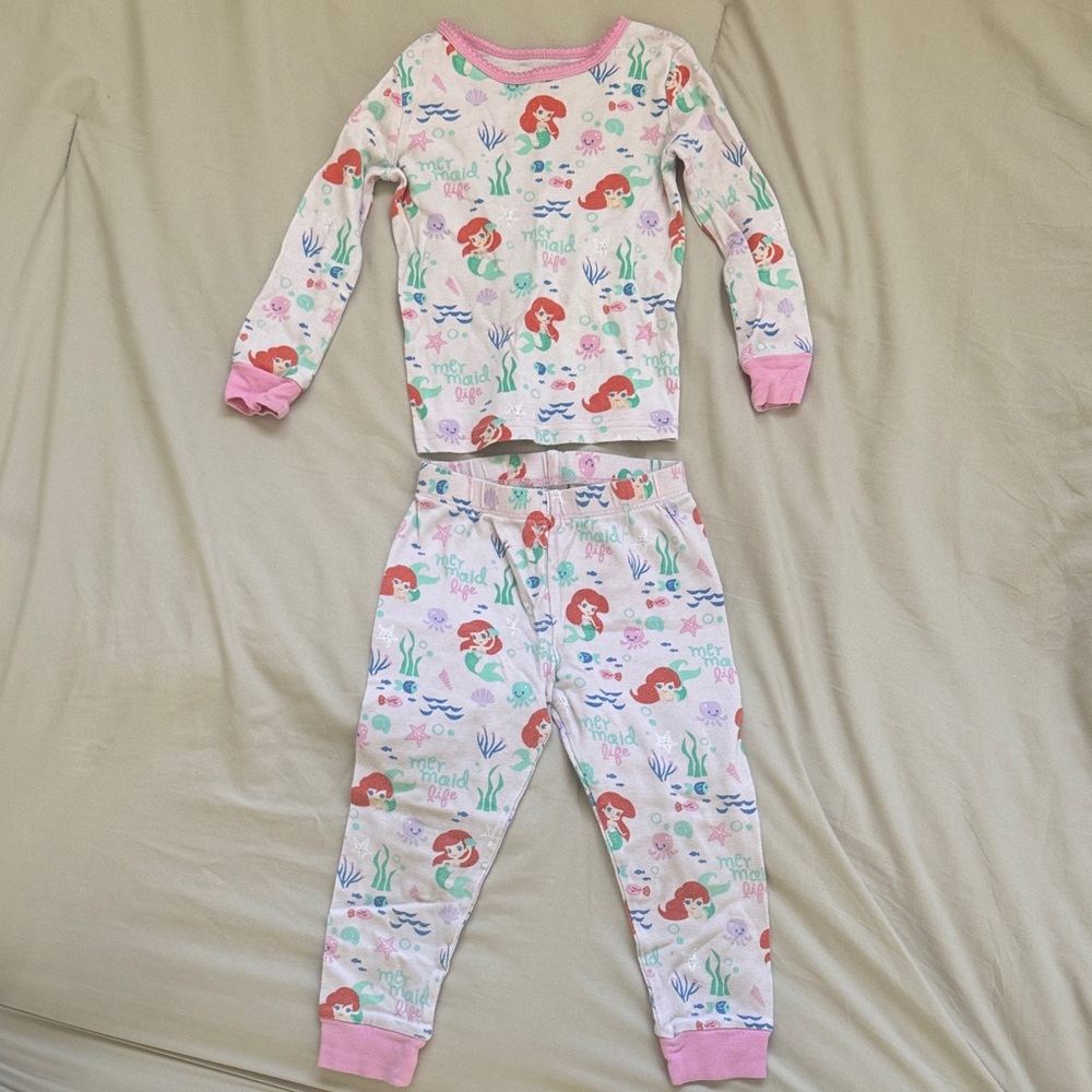Disney Kids Girls Pink Little Mermaid Print Pajama Set - Long Sleeve Top & Pants